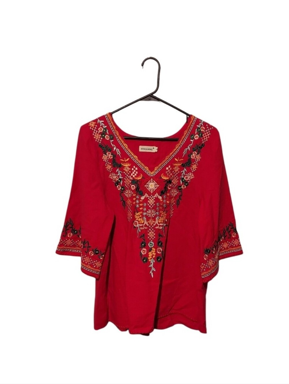 YZXDORWJ Embroidered Tunic Top S Red Floral Bohemian Mexican Cottage Peasant